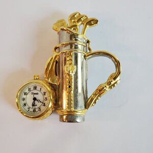 Vintage Sani's Miniature Clock Brass Golf Bag Clubs Gold Tone - NO BATTERY